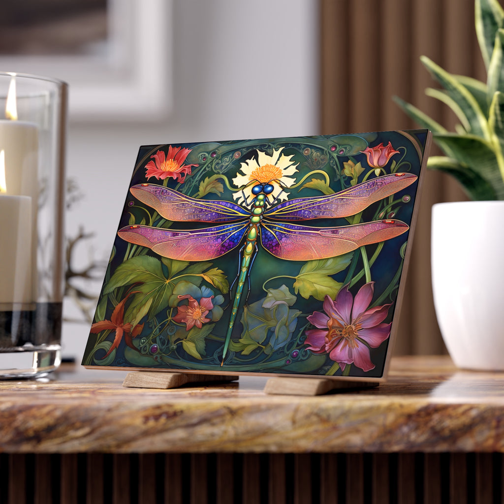 Stunning Dragonfly Ceramic Photo Tile - Home Decor, Nature Art, Gift for Nature Lovers, Wall Art, Floral Tile