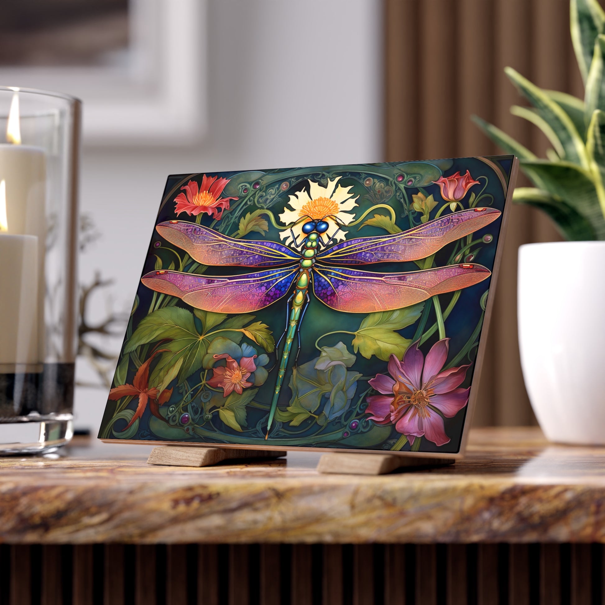 Stunning Dragonfly Ceramic Photo Tile - Home Decor, Nature Art, Gift for Nature Lovers, Wall Art, Floral Tile