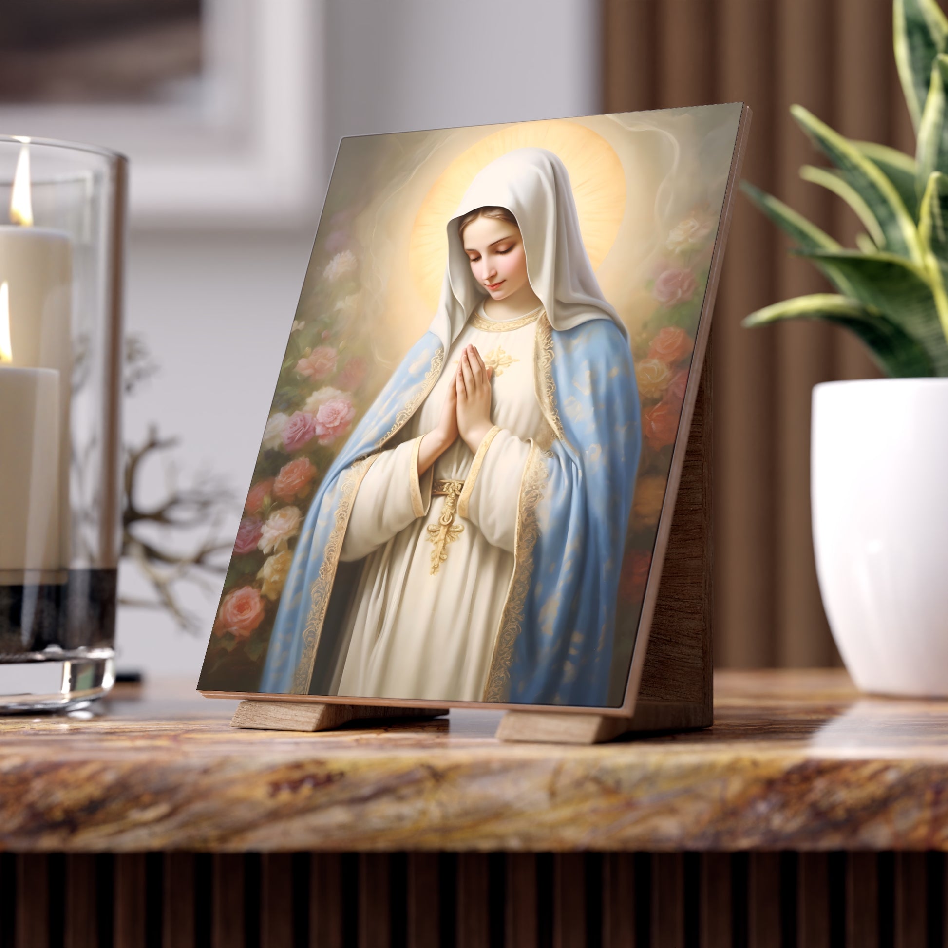 Religious Ceramic Photo Tile, Virgin Mary Tile Decor, Spiritual Home Decor, Gift for Christians, Catholic Prayer Wall Art