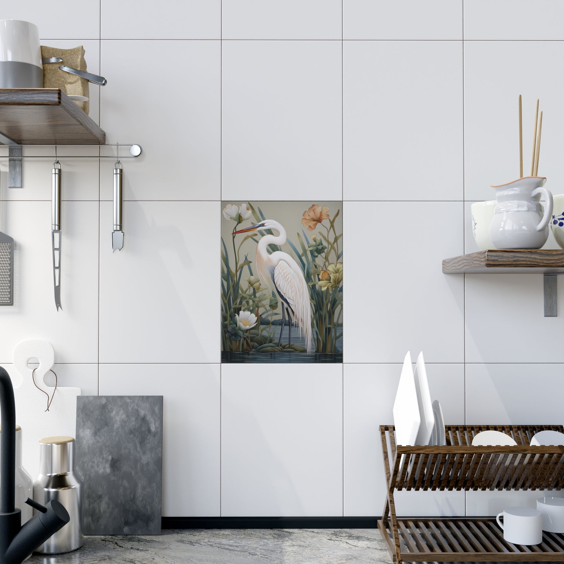 Elegant Heron Ceramic Photo Tile, Home Decor, Wall Art, Gift Idea, Nature Lover's Gift, Spring Decor