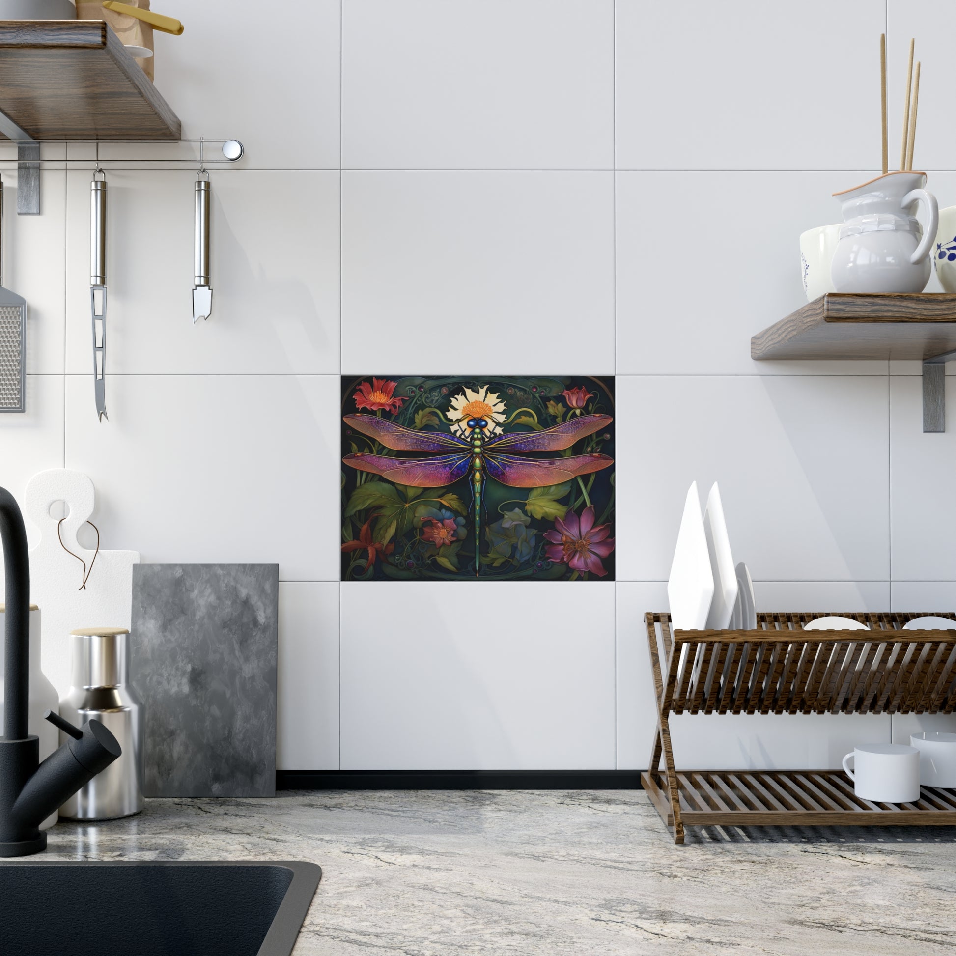 Stunning Dragonfly Ceramic Photo Tile - Home Decor, Nature Art, Gift for Nature Lovers, Wall Art, Floral Tile