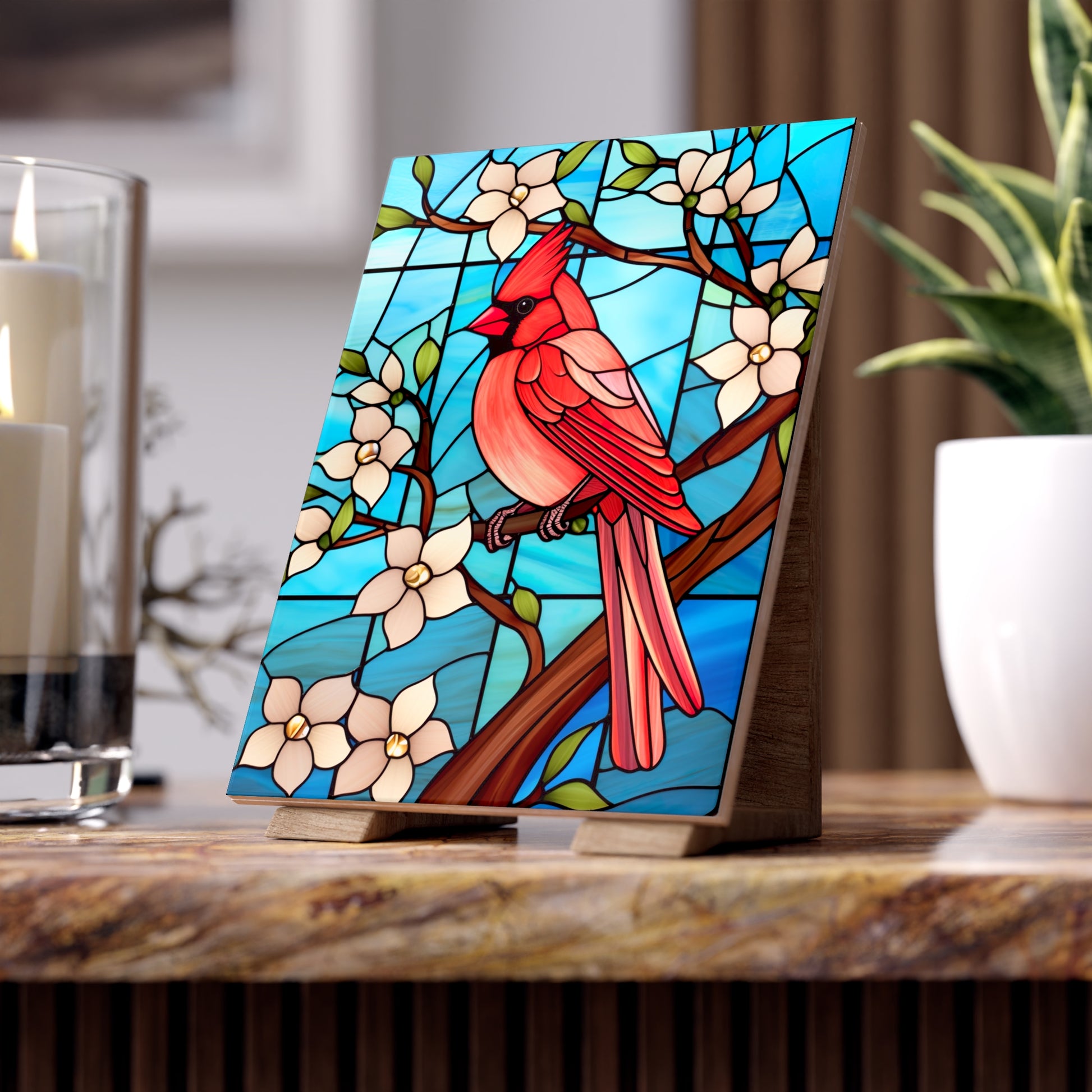 Vibrant Cardinal Ceramic Photo Tile, Bird Decor, Nature Wall Art, Home Decoration, Gift for Bird Lovers