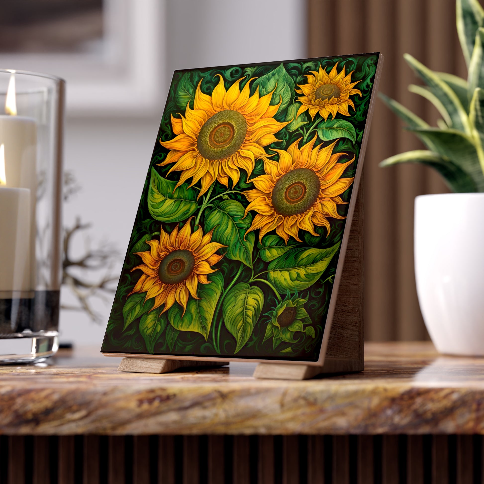Sunflower Ceramic Photo Tile, Floral Home Decor, Botanical Wall Art, Gift for Nature Lovers, Personalized Tile Decor