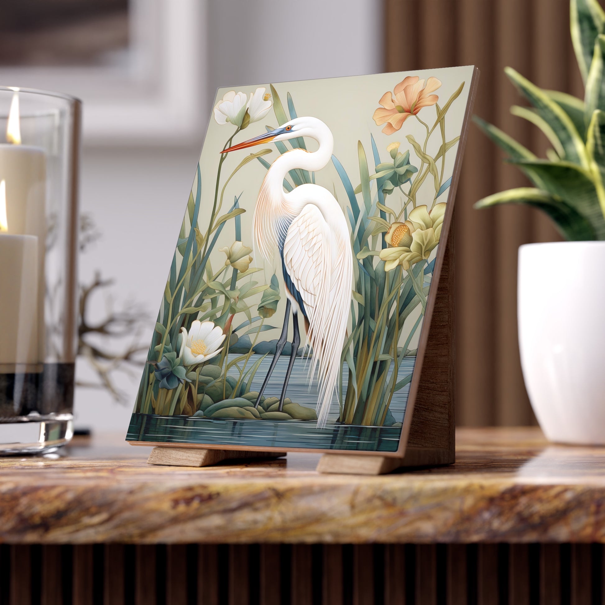 Elegant Heron Ceramic Photo Tile, Home Decor, Wall Art, Gift Idea, Nature Lover's Gift, Spring Decor