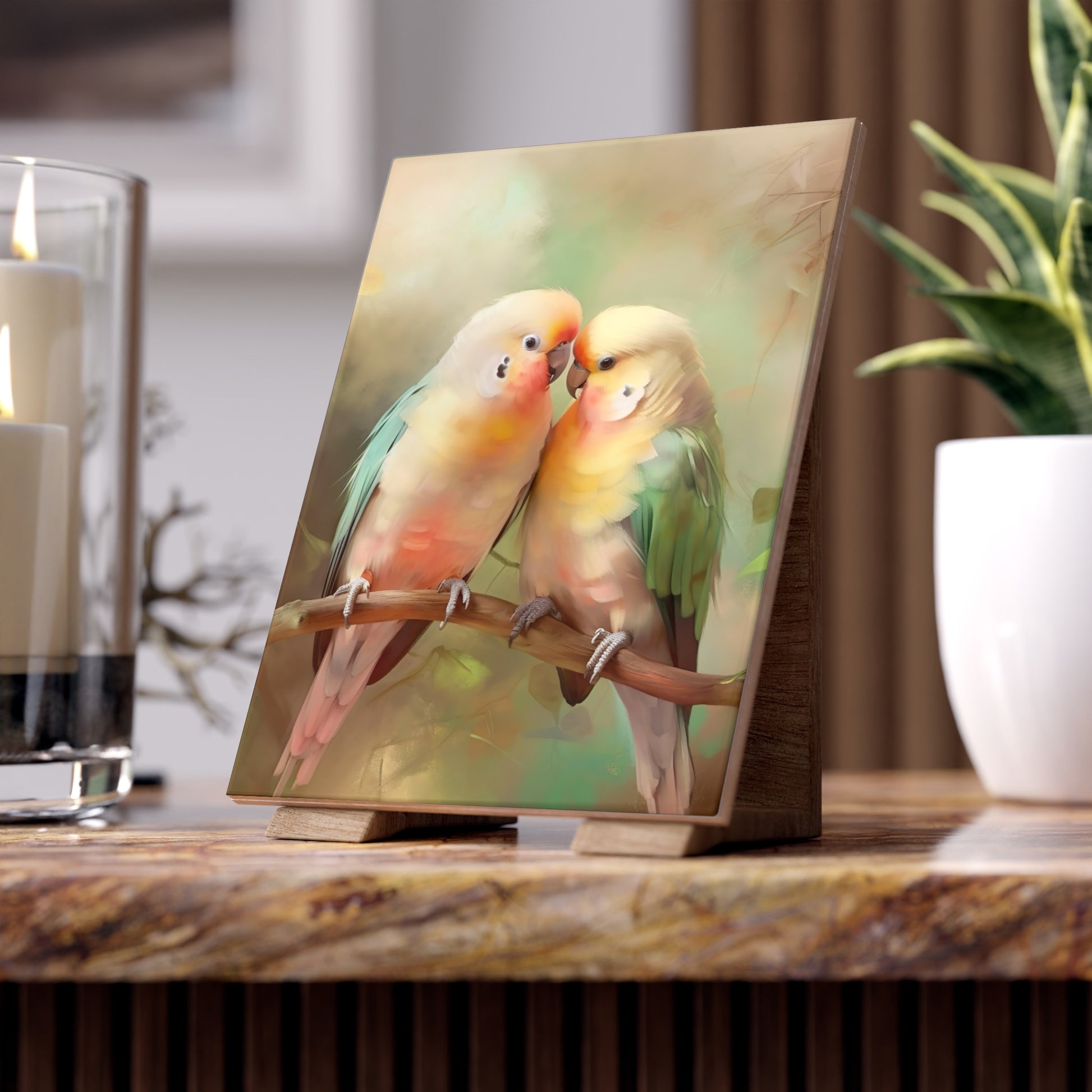 Charming Bird Couple Ceramic Photo Tile, Bird Lovers Gift, Home Decor, Anniversary Present, Nature Art, Eco-Friendly Art Piece