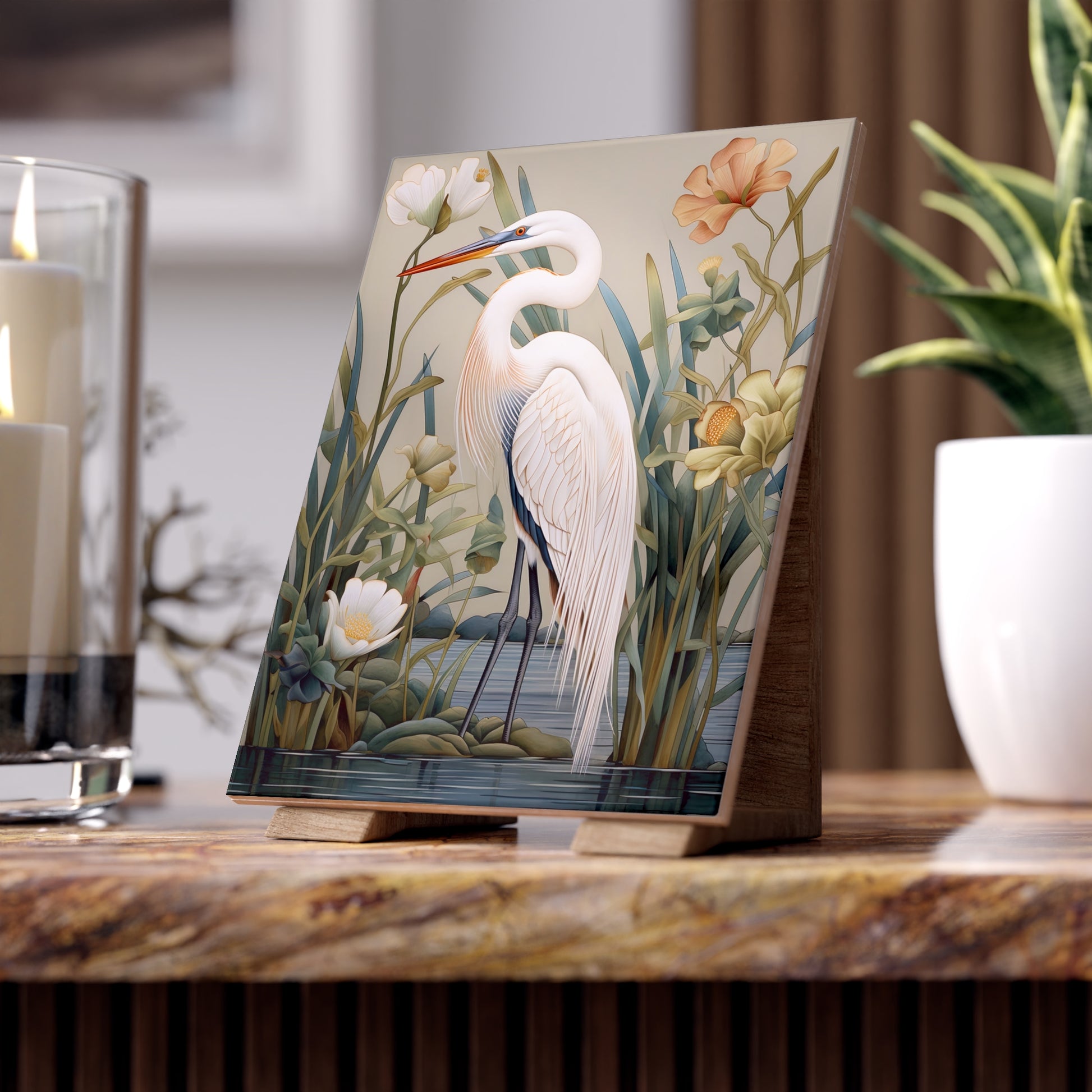 Elegant Heron Ceramic Photo Tile, Home Decor, Wall Art, Gift Idea, Nature Lover's Gift, Spring Decor