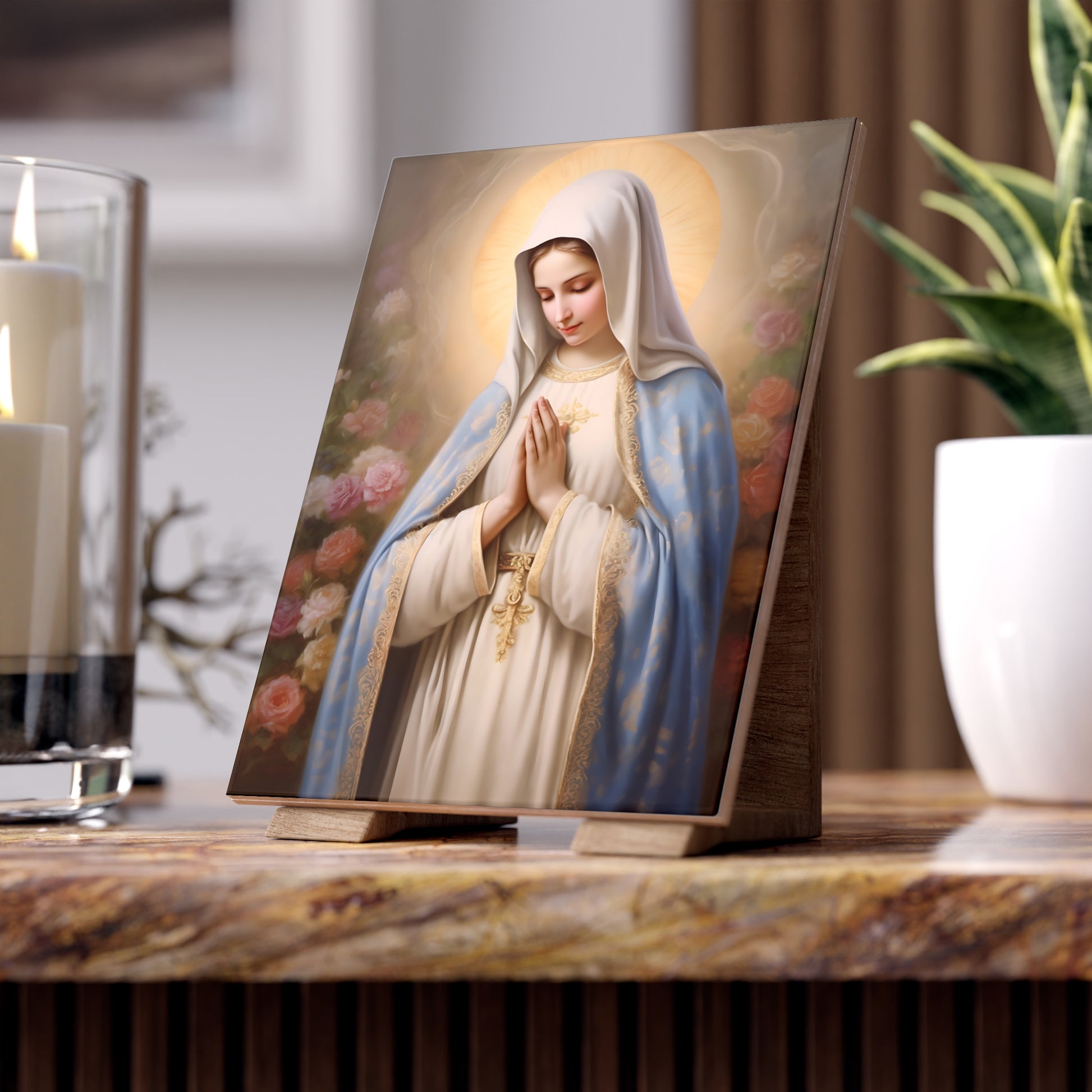 Religious Ceramic Photo Tile, Virgin Mary Tile Decor, Spiritual Home Decor, Gift for Christians, Catholic Prayer Wall Art