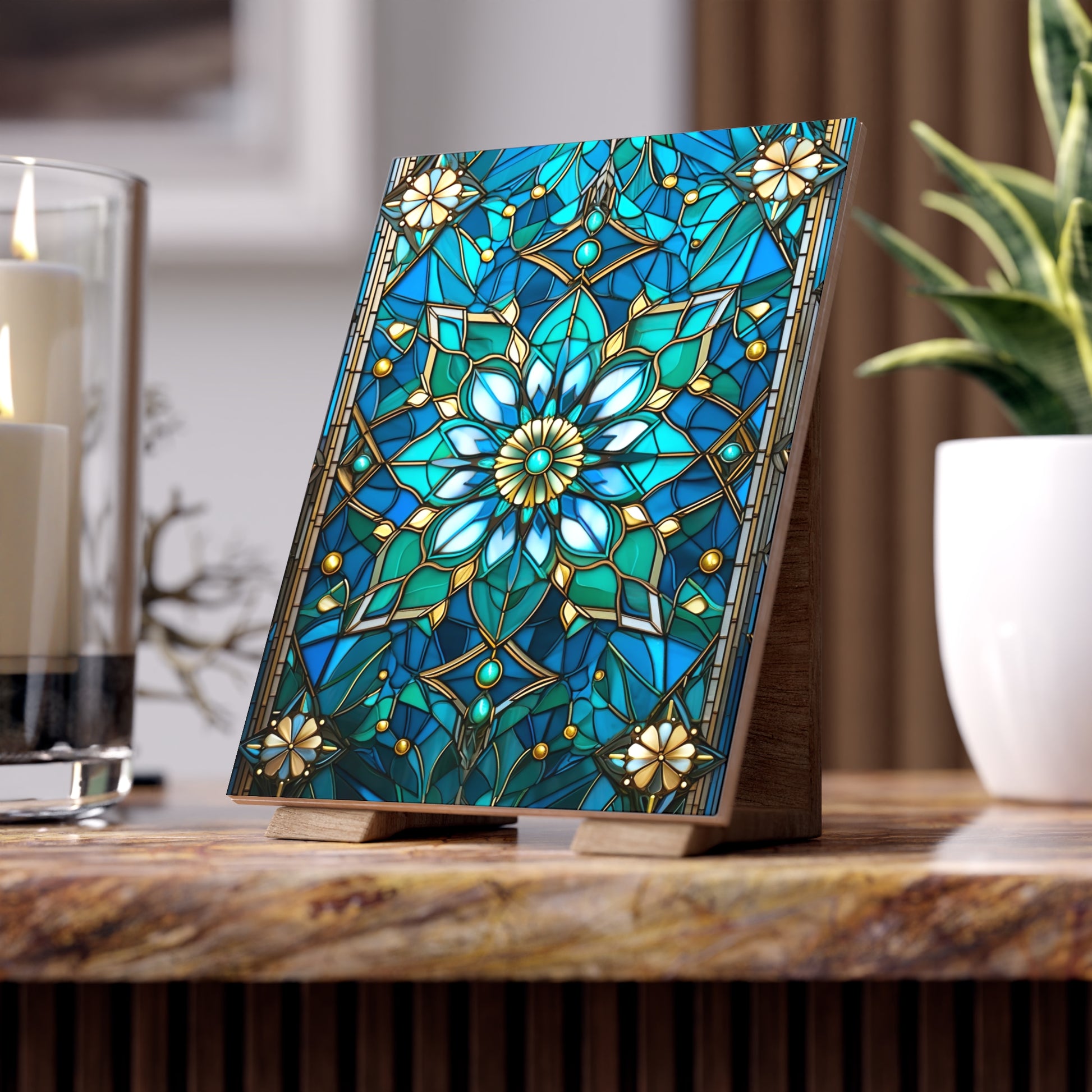 Stained Glass Ceramic Photo Tile, Home Decor, Wall Art, Gift Idea, Decorative Accent, Vintage Mosaic Style