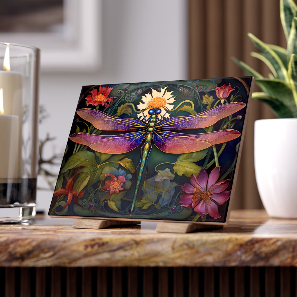 Stunning Dragonfly Ceramic Photo Tile - Home Decor, Nature Art, Gift for Nature Lovers, Wall Art, Floral Tile