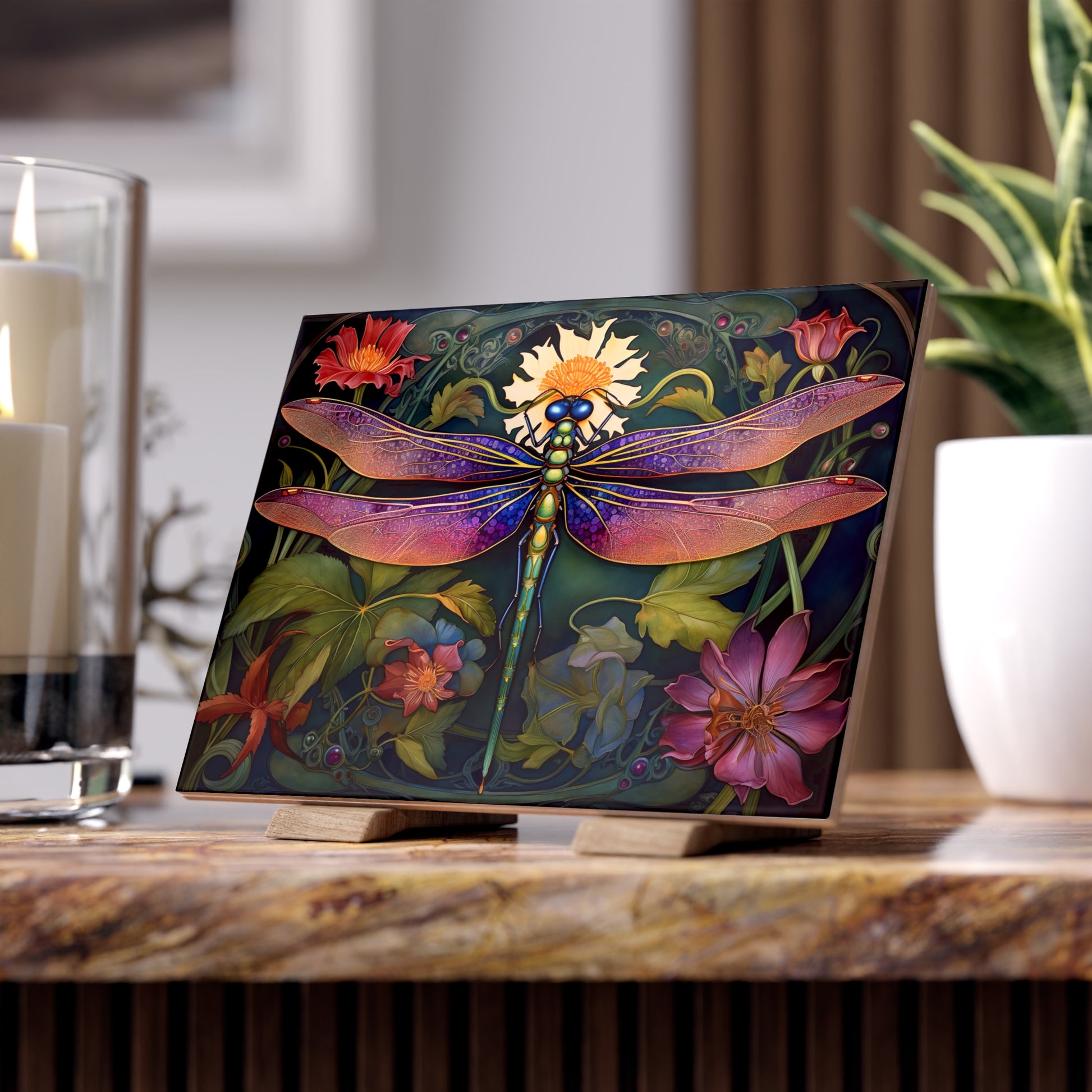 Stunning Dragonfly Ceramic Photo Tile - Home Decor, Nature Art, Gift for Nature Lovers, Wall Art, Floral Tile