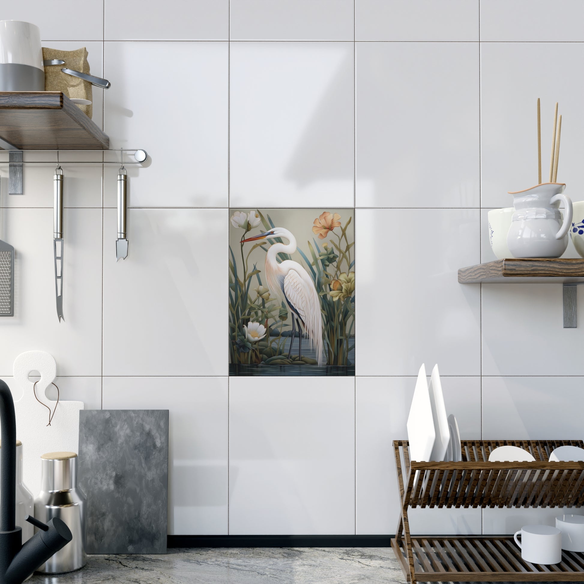 Elegant Heron Ceramic Photo Tile, Home Decor, Wall Art, Gift Idea, Nature Lover's Gift, Spring Decor