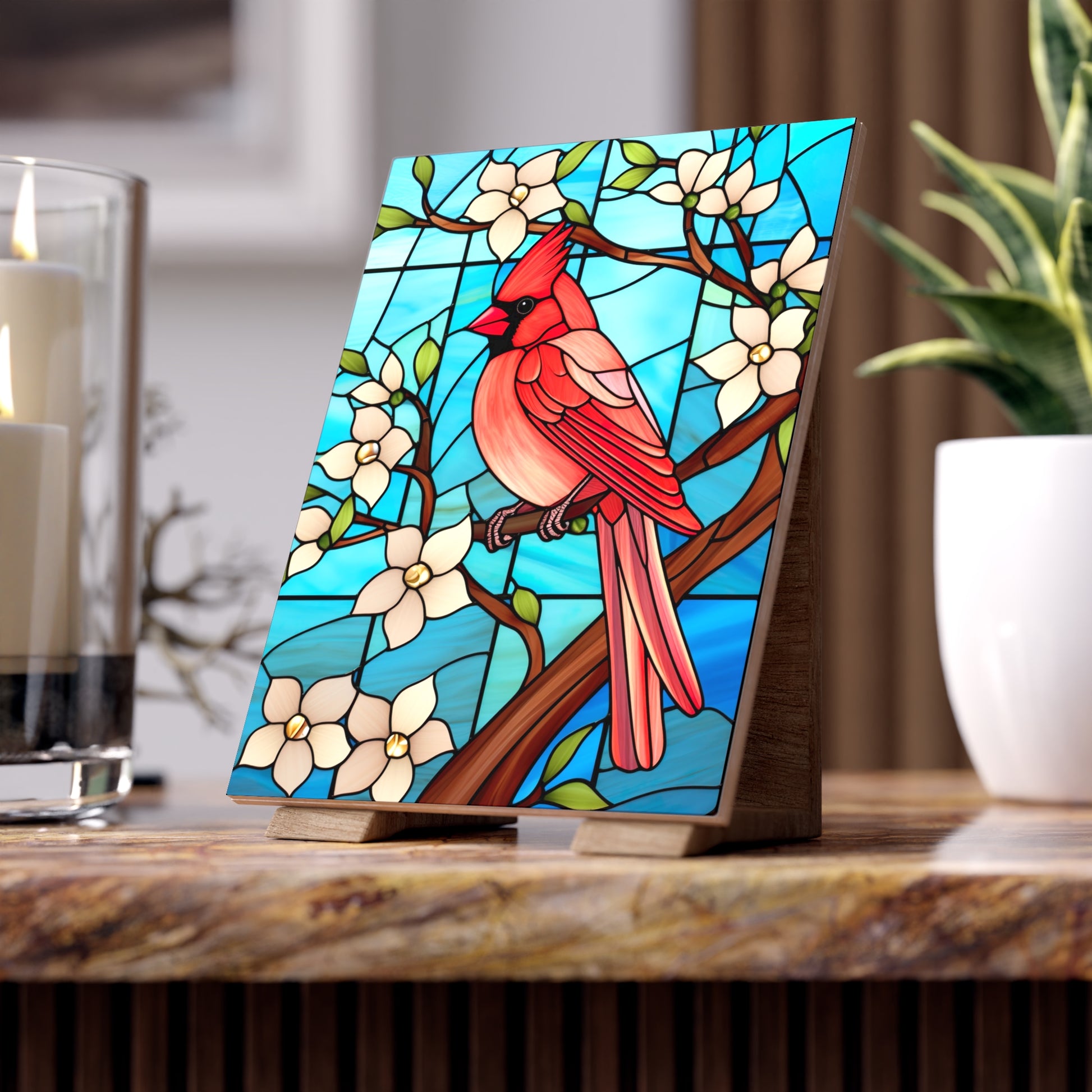 Vibrant Cardinal Ceramic Photo Tile, Bird Decor, Nature Wall Art, Home Decoration, Gift for Bird Lovers
