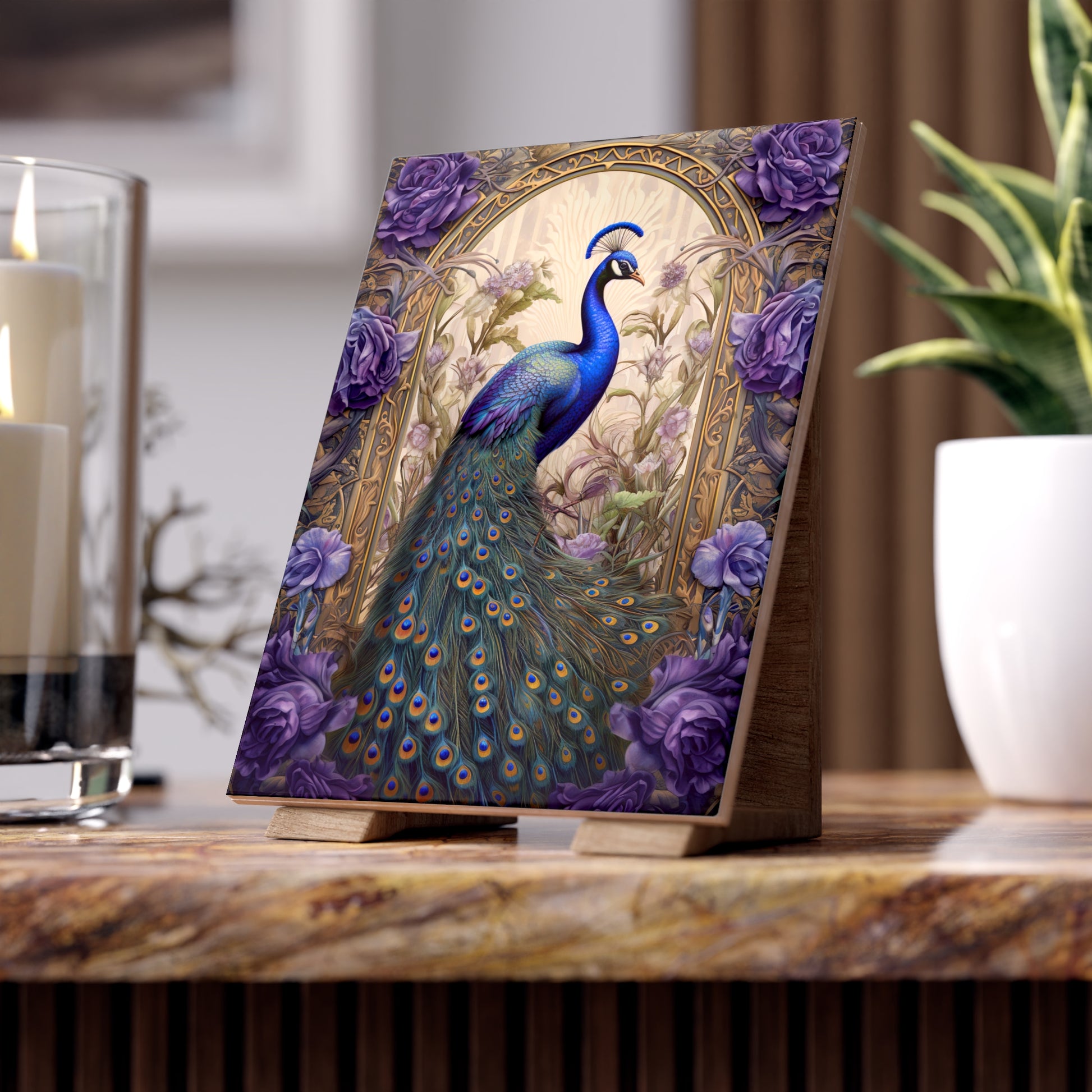 Elegant Peacock Ceramic Photo Tile, Art Home Decor, Gift for Nature Lovers, Wall Art, Unique Housewarming Present, Art Collectible