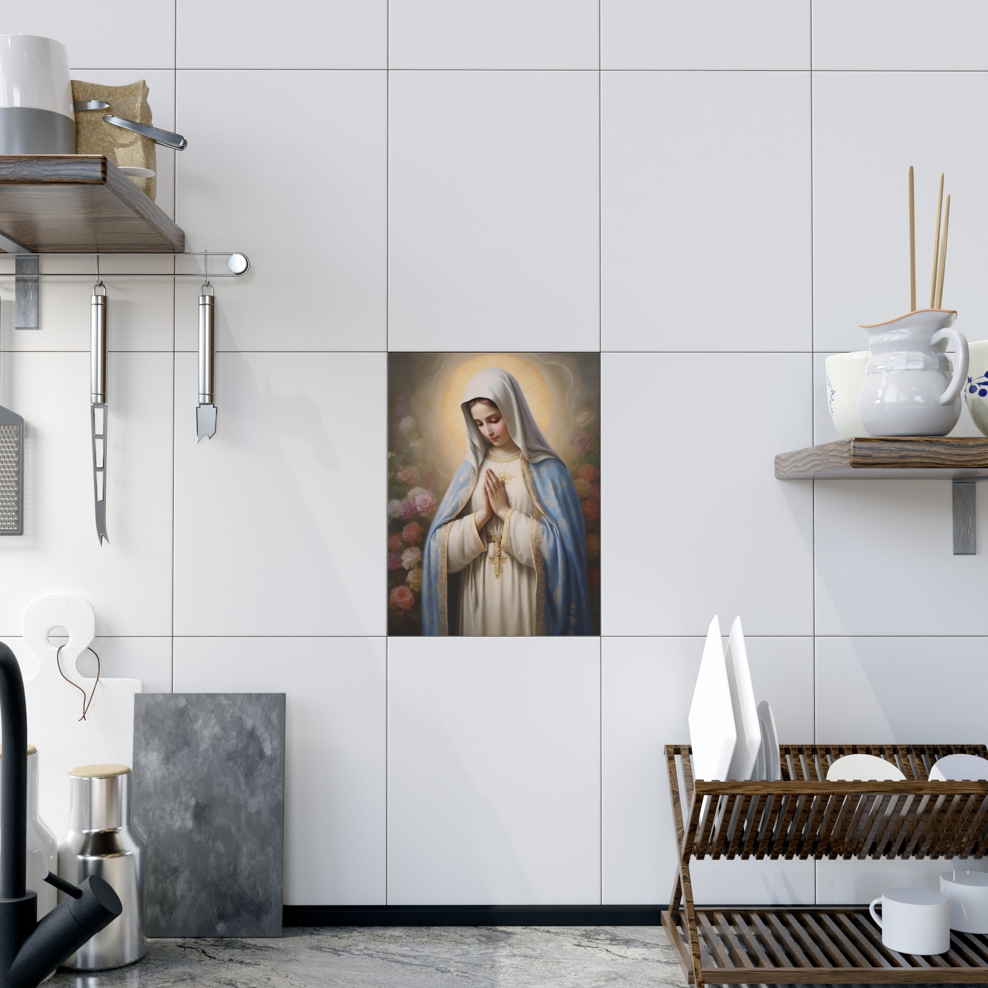 Religious Ceramic Photo Tile, Virgin Mary Tile Decor, Spiritual Home Decor, Gift for Christians, Catholic Prayer Wall Art
