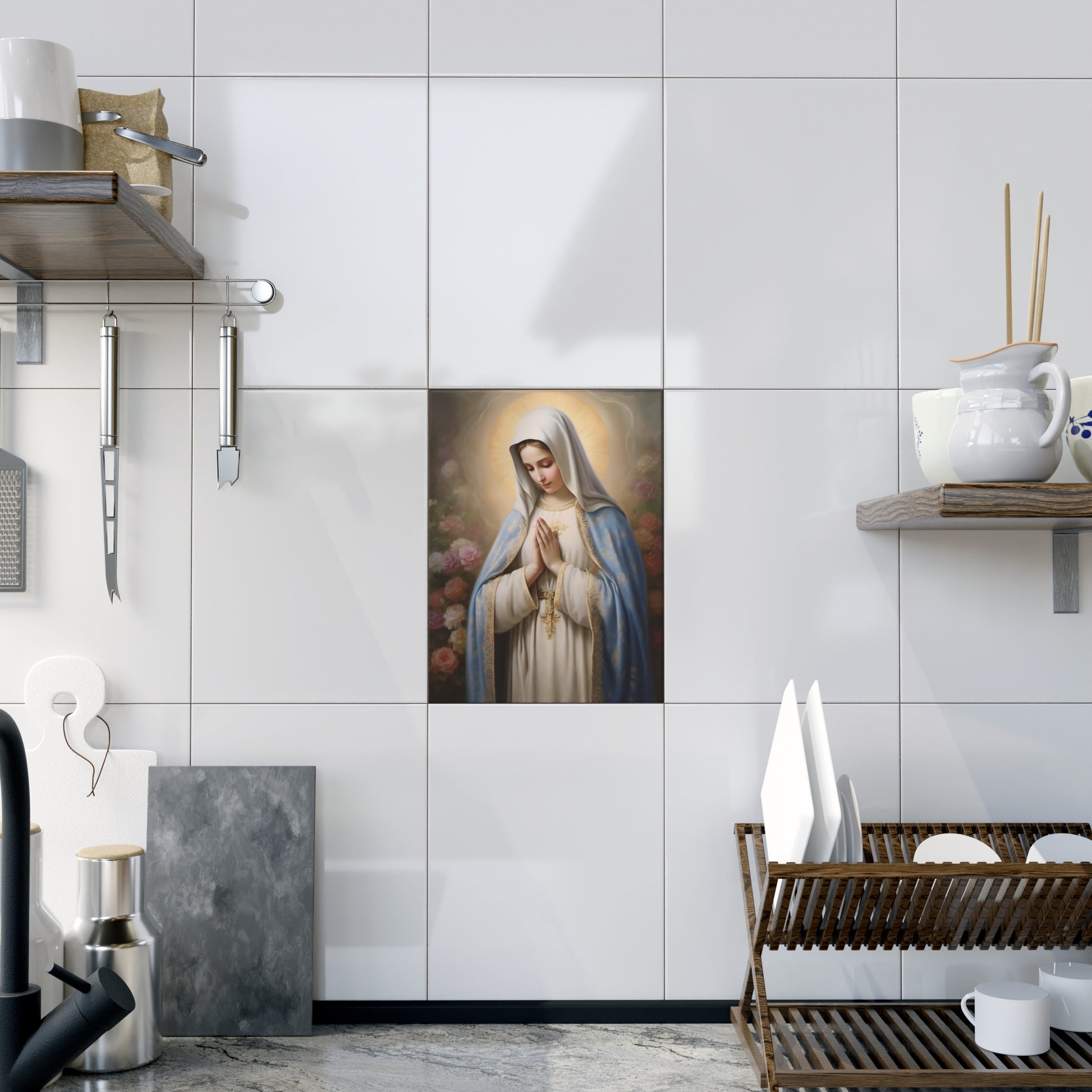Religious Ceramic Photo Tile, Virgin Mary Tile Decor, Spiritual Home Decor, Gift for Christians, Catholic Prayer Wall Art