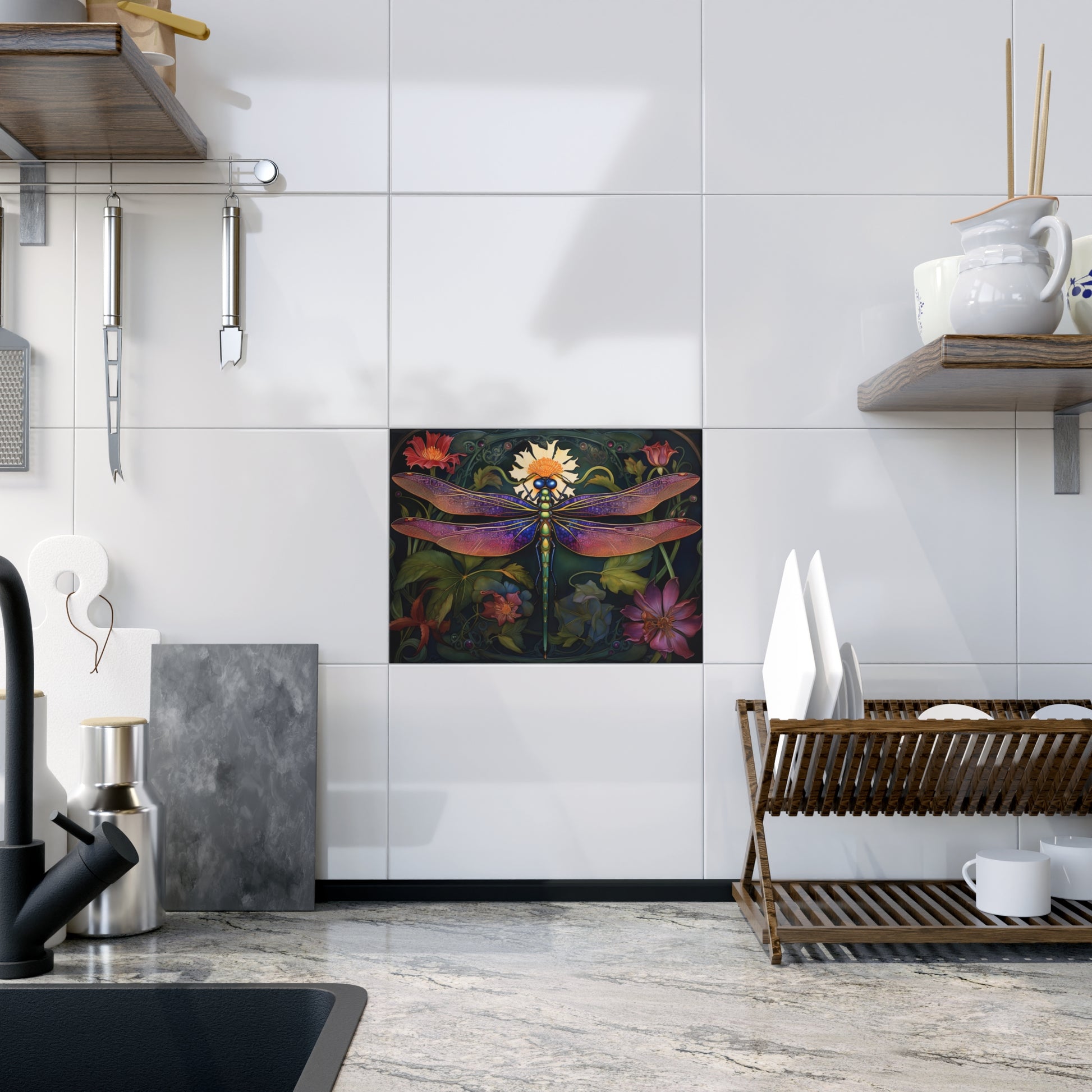 Stunning Dragonfly Ceramic Photo Tile - Home Decor, Nature Art, Gift for Nature Lovers, Wall Art, Floral Tile